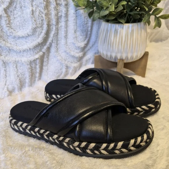 Tory Burch CrissCross Leather Espadrille Slide Sandals Black Size 8 EUC - Picture 2 of 15